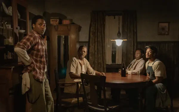 A dramatic scene from the movie The Piano Lesson, featuring four characters gathered around a table in a dimly lit room, creating a tense and intimate atmosphere. 4K Ultra HD wallpaper.