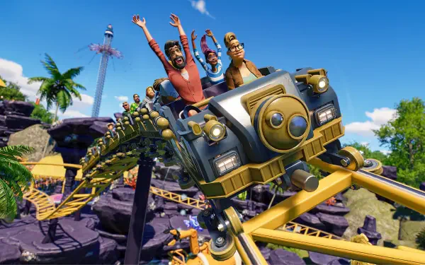 A vibrant HD wallpaper from Planet Coaster 2, featuring excited riders on a thrilling roller coaster against a sunny backdrop and lush scenery.