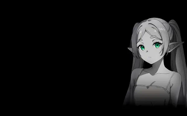 Anime-style character with vibrant green eyes and long hair on a black background, presented in 4K Ultra HD for PC desktop wallpaper and background.