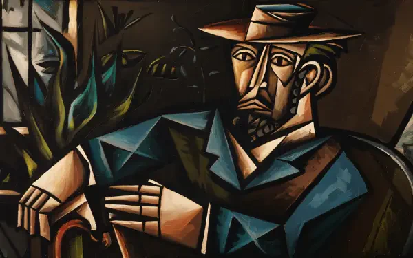 A stylized, cubist portrait of a man in a hat, seated with a relaxed demeanor, surrounded by greenery. This 4K Ultra HD wallpaper adds a unique artistic touch to any desktop.
