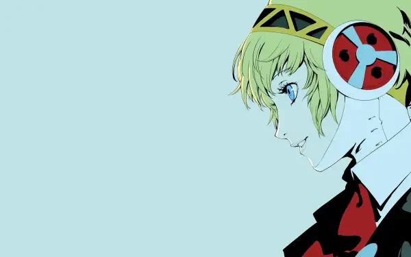 Aigis (Persona) in profile from Persona 3, Persona 3 Portable and Persona 3 Reload, stylized on the right against a pale blue backdrop — 2K Quad HD PC desktop wallpaper.