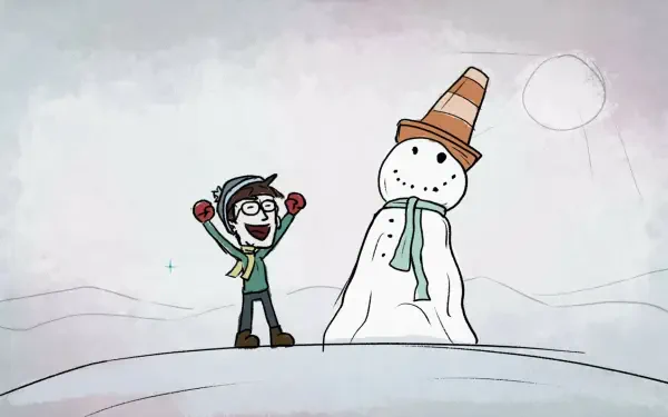 A cheerful character celebrates beside a snowman wearing a traffic cone hat in this HD PC desktop wallpaper from the video game Mindlock - The Apartment.