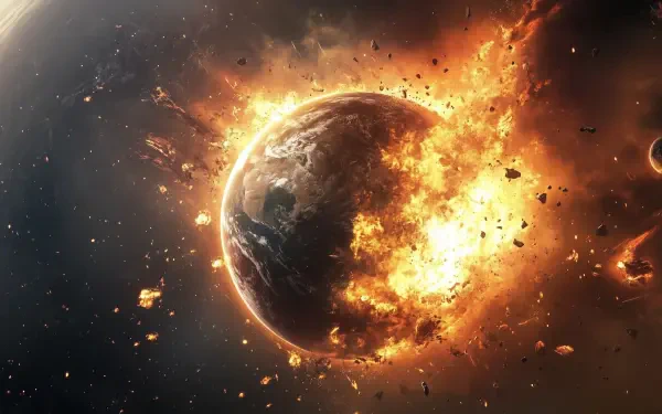 A dramatic depiction of planet destruction featuring Earth engulfed in flames and debris, perfect for serving as an HD desktop wallpaper and background.