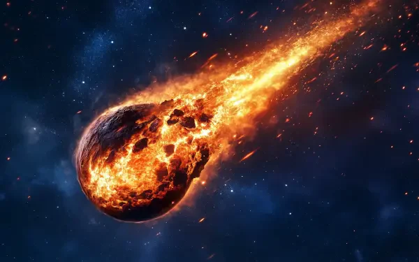 A fiery comet hurtles through space, surrounded by cosmic debris, capturing the theme of planet destruction in high-definition detail. Ideal as a captivating desktop wallpaper.