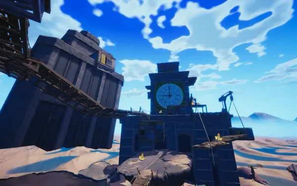 A vibrant HD wallpaper featuring a surreal landscape from the video game Atomic Picnic, showcasing towering structures and a dramatic sky filled with dynamic clouds.