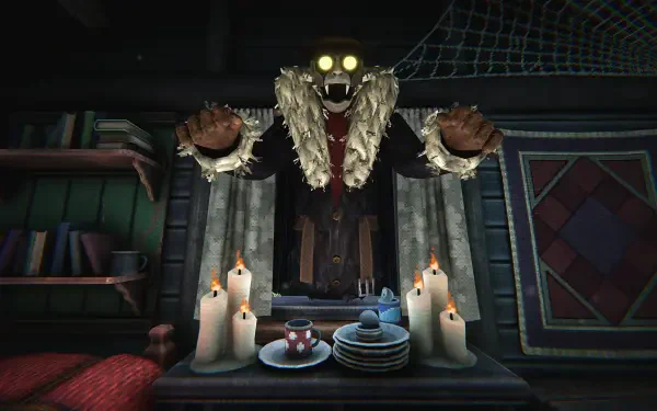A haunting scene from the video game Is this Game Trying to Kill Me? features a ghostly figure with glowing eyes, surrounded by candles and eerie decor, set in an atmospheric room.