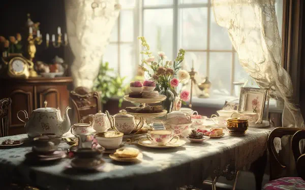A beautifully arranged tea party scene featuring an ornate table set with delicate teacups, plates, and a floral centerpiece, illuminated by soft natural light from a nearby window. 4K Ultra HD desktop wallpaper.