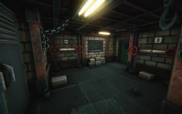 HD PC desktop wallpaper featuring a dimly lit industrial room with exposed brick walls and metal details, embodying the eerie atmosphere of the video game Is this Game Trying to Kill Me?