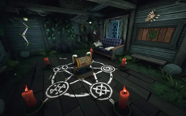 A dark, atmospheric room features a mysterious device surrounded by glowing candles and intricate symbols, evoking a sense of danger in the game Is this Game Trying to Kill Me?.
