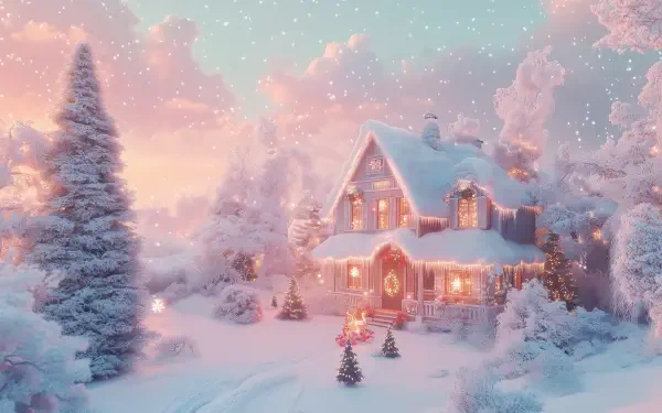 A cozy snowy cottage surrounded by pastel-colored trees, illuminated by warm lights, creates a serene Christmas aesthetic in this HD desktop wallpaper. Snowflakes gently fall in the tranquil scene.
