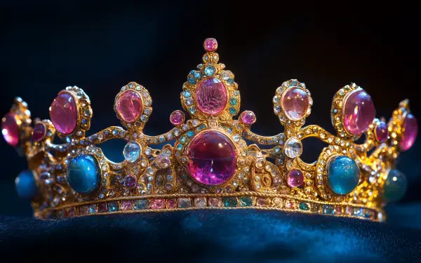 A beautifully crafted princess crown adorned with pink and blue gemstones, set against a dark background, serving as an elegant 4K Ultra HD desktop wallpaper.