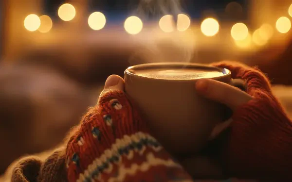 A cozy scene featuring hands wrapped in knitted gloves holding a steaming cup of coffee, with warm lights glowing softly in the background. A 4K Ultra HD wallpaper.
