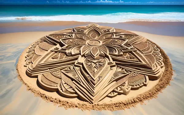 Intricate sand art design set against a tranquil beach, captured in stunning 4K Ultra HD, showcasing detailed patterns with the ocean in the background.