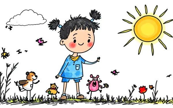 A cheerful child stands in a sunlit landscape, surrounded by vibrant flowers and playful animals, capturing the essence of sunshine and cuteness in this 4K Ultra HD wallpaper.