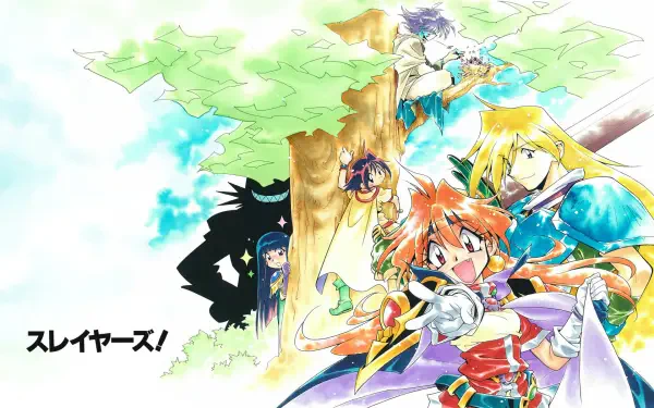 Slayers anime HD PC desktop wallpaper/background: colorful cast—red-haired heroine with sword, blonde companion, small mage and shadowy figure gathered beneath a sunlit tree.