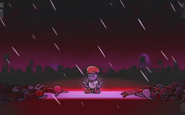A vibrant HD desktop wallpaper featuring a character from the video game Mindcop, set against a dark, rain-soaked cityscape with fallen figures around them.