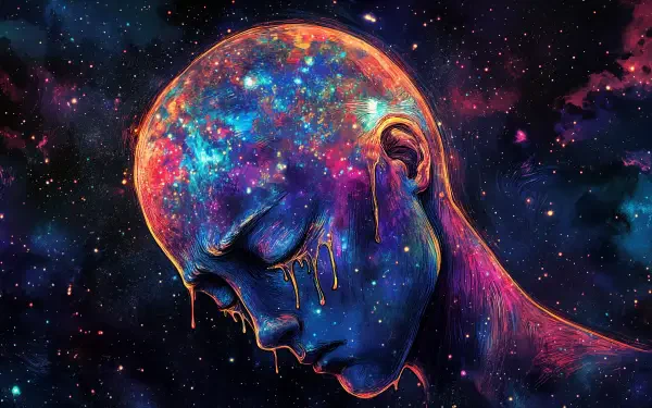 A vibrant, artistic depiction of a human figure with a galaxy-themed head, expressing sadness and tears, set against a cosmic background. 4K Ultra HD quality.