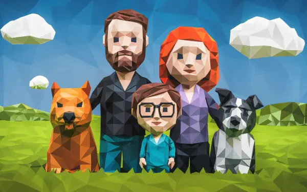 A vibrant, colorful illustration of a family gathering, featuring a stylized family with two dogs in a lush green field under a bright blue sky, suitable as a 4K Ultra HD desktop wallpaper.