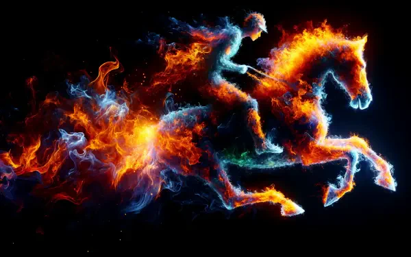 A vibrant 4K Ultra HD wallpaper depicting a rider on a fiery horse, surrounded by swirling flames and smoke, capturing the exhilarating spirit of horse riding.