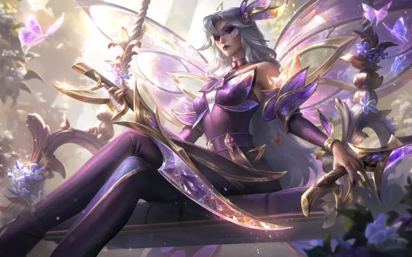 An 8K Ultra HD wallpaper featuring Katarina from League of Legends, showcasing her striking design and elegant, butterfly-themed armor amidst a mystical background.