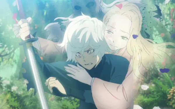 A 4K Ultra HD wallpaper featuring Gabimaru from Hell's Paradise, with a tense expression as a mysterious figure embraces him amidst a lush, vibrant background.