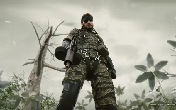 A striking 4K Ultra HD image of Big Boss from Metal Gear Solid 3: Snake Eater, featuring his iconic eye patch and military attire amid a mysterious, overcast backdrop.