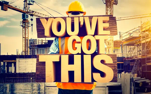 A construction worker in a hard hat holds a large sign that reads YOU'VE GOT THIS, set against a vibrant construction site backdrop. 4K Ultra HD wallpaper for motivation.