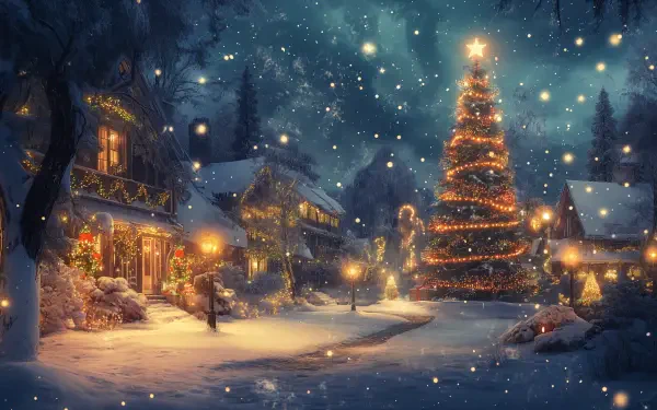 Aesthetic Christmas scene featuring a beautifully lit tree in a snowy village, complete with charming houses and softly glowing lampposts, all captured in stunning 4K Ultra HD.