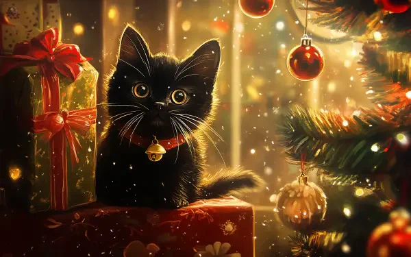A charming black cat with bright eyes sits atop a gift, surrounded by Christmas decorations and a tree, creating a cozy holiday atmosphere in this 4K Ultra HD wallpaper.