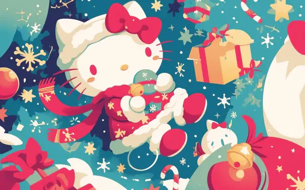 A festive HD wallpaper featuring Hello Kitty in a Christmas setting, surrounded by decorations, snowflakes, and colorful gifts, capturing the cheerful spirit of anime and Sanrio holidays.
