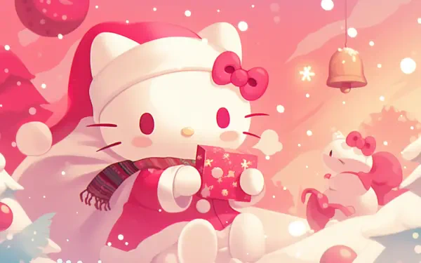 A festive Hello Kitty sits in a snowy landscape, wearing a Santa hat and scarf, holding a gift. This colorful anime-themed Christmas wallpaper adds cheer to any desktop background.