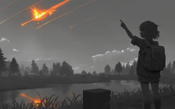 A dramatic monochrome image featuring Mitsuha Miyamizu from the anime Your Name. She's pointing towards a fiery meteor streaking through the sky, reflecting on the water below.
