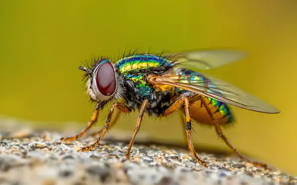 A close-up of a vibrant fly showcasing its colorful body and detailed features, set against a blurred green background. This 4K Ultra HD image serves as an engaging desktop wallpaper.