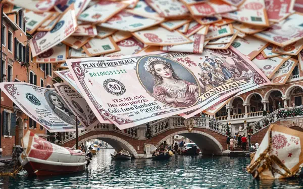 A vibrant PC desktop wallpaper featuring pink currency floating above a picturesque canal scene with a historic bridge and boats, capturing a whimsical blend of finance and beauty.