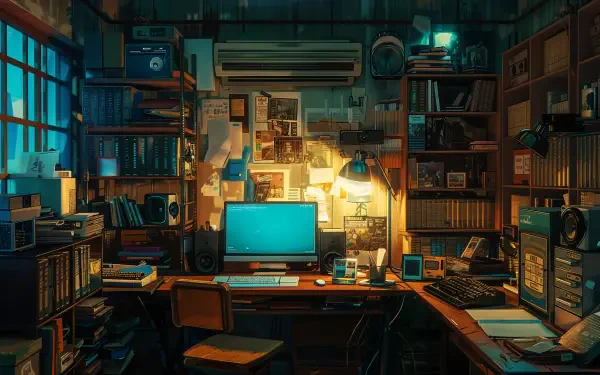 A cozy home office scene featuring a computer desk illuminated by warm light, surrounded by bookshelves filled with books and eclectic decor, perfect for a lofi aesthetic in 4K Ultra HD.