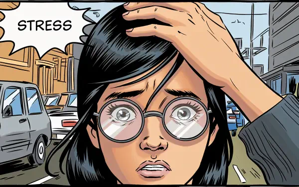 A distressed woman with glasses clutches her head amidst a busy street scene, encapsulating the theme of stress. This vibrant image serves as a 4K Ultra HD desktop wallpaper.