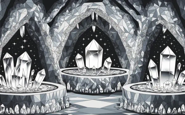 A striking crystal cave featuring shimmering crystals in various shapes, set against a starry backdrop. This 4K Ultra HD image serves as an enchanting PC desktop wallpaper.