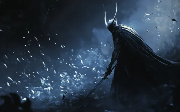 A dark, atmospheric HD wallpaper depicting a character from the video game Hollow Knight, featuring anime-inspired art with dramatic lighting and swirling particles.