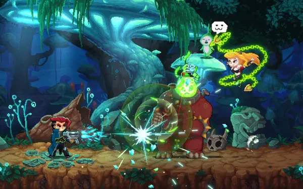 A vibrant HD desktop wallpaper from the video game Spirit Mancer, featuring dynamic characters, magical effects, and a mystical forest background.