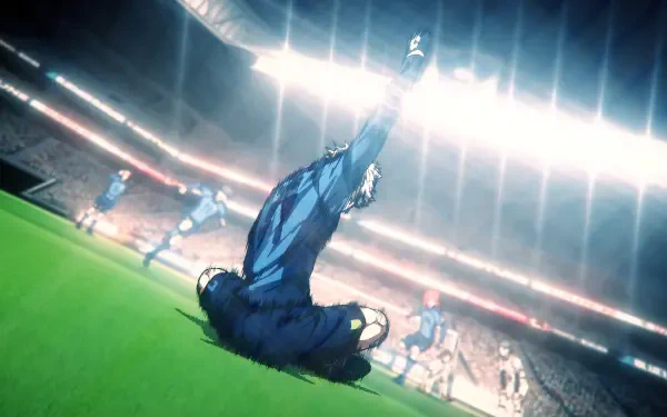 A dynamic HD desktop wallpaper featuring Seishiro Nagi from the anime Blue Lock, captured in a thrilling moment on the field with bright stadium lights illuminating the scene.
