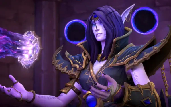Alleria Windrunner unleashes mystical powers in this HD wallpaper from the video game World of Warcraft: The War Within, showcasing her enchanting presence and magical abilities.
