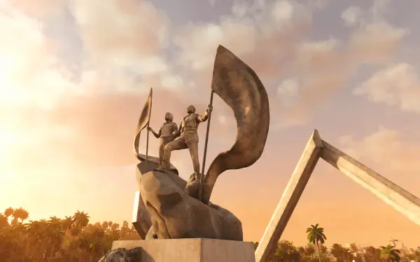 A striking 4K Ultra HD wallpaper from Far Cry 6, featuring a bronze statue of two revolutionaries holding flags against a vibrant sunset backdrop.