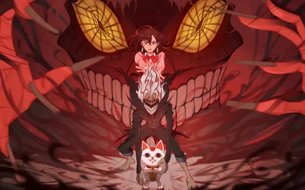 HD anime wallpaper featuring characters Momo Ayase, Ken Takakura, and Turbo Granny from Dandadan, set against a dark, ominous background with a large menacing face.