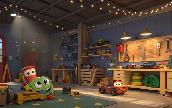 A cozy workshop filled with colorful tools and toys, featuring friendly animated characters in a vibrant setting, captured in stunning 4K Ultra HD resolution.
