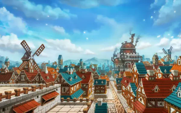A vibrant HD wallpaper from the video game Guardian Tales, featuring a whimsical town with colorful rooftops, windmills, and a scenic sky, perfect for a PC desktop background.