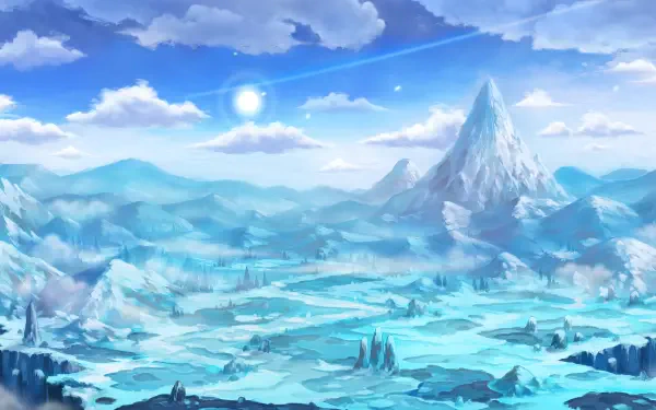 A serene snowy landscape from the video game Guardian Tales, showcasing majestic mountains under a vibrant blue sky, perfect for an HD PC desktop wallpaper.