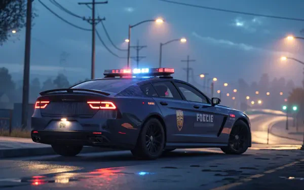 A sleek police car with flashing lights parked on a wet road, surrounded by streetlights in a moody, atmospheric nighttime setting, perfect for an HD PC desktop wallpaper.
