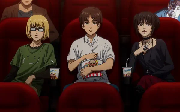 Three characters from Attack on Titan: The Last Attack sit in a theater, enjoying a movie. Eren Yeager holds popcorn, with Armin Arlert and Mikasa Ackerman by his side, immersed in the film.