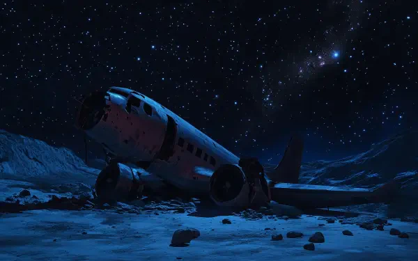 A dramatic scene of a crashed airplane under a starry night sky, set against a backdrop of twinkling stars, creating a haunting yet captivating atmosphere.