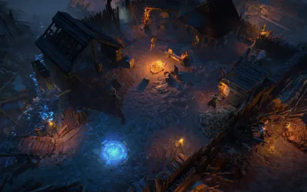 A detailed HD desktop wallpaper from Path of Exile 2, showcasing a mysterious environment with dim lighting, scattered buildings, a glowing portal, and characters gathered around a campfire.